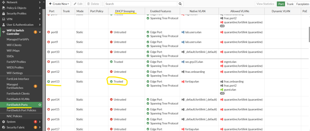 FortiSwitch DHCP Snooping yapılandırması ve güvenli port ayarları