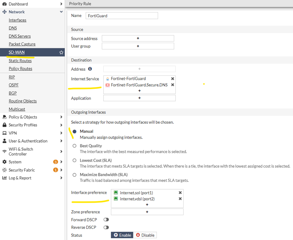 sd-wan rule for fortiguard