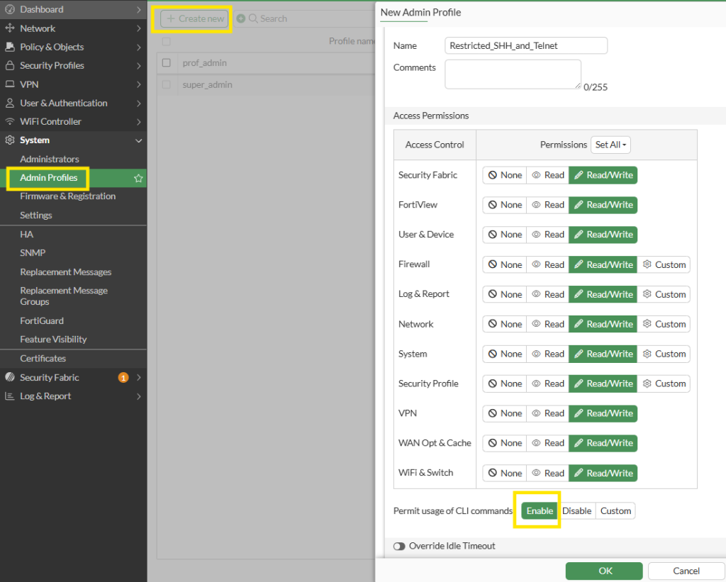 FortiGate create admin profile