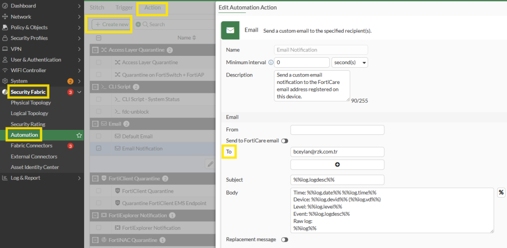 admin login bildirimi action
